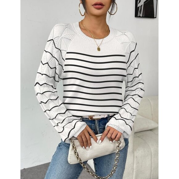 Zeagoo Womens Stripe White Crew Neck Eyelet Long Sleeves Kint Pullover Sweaters - Picture 3 of 5